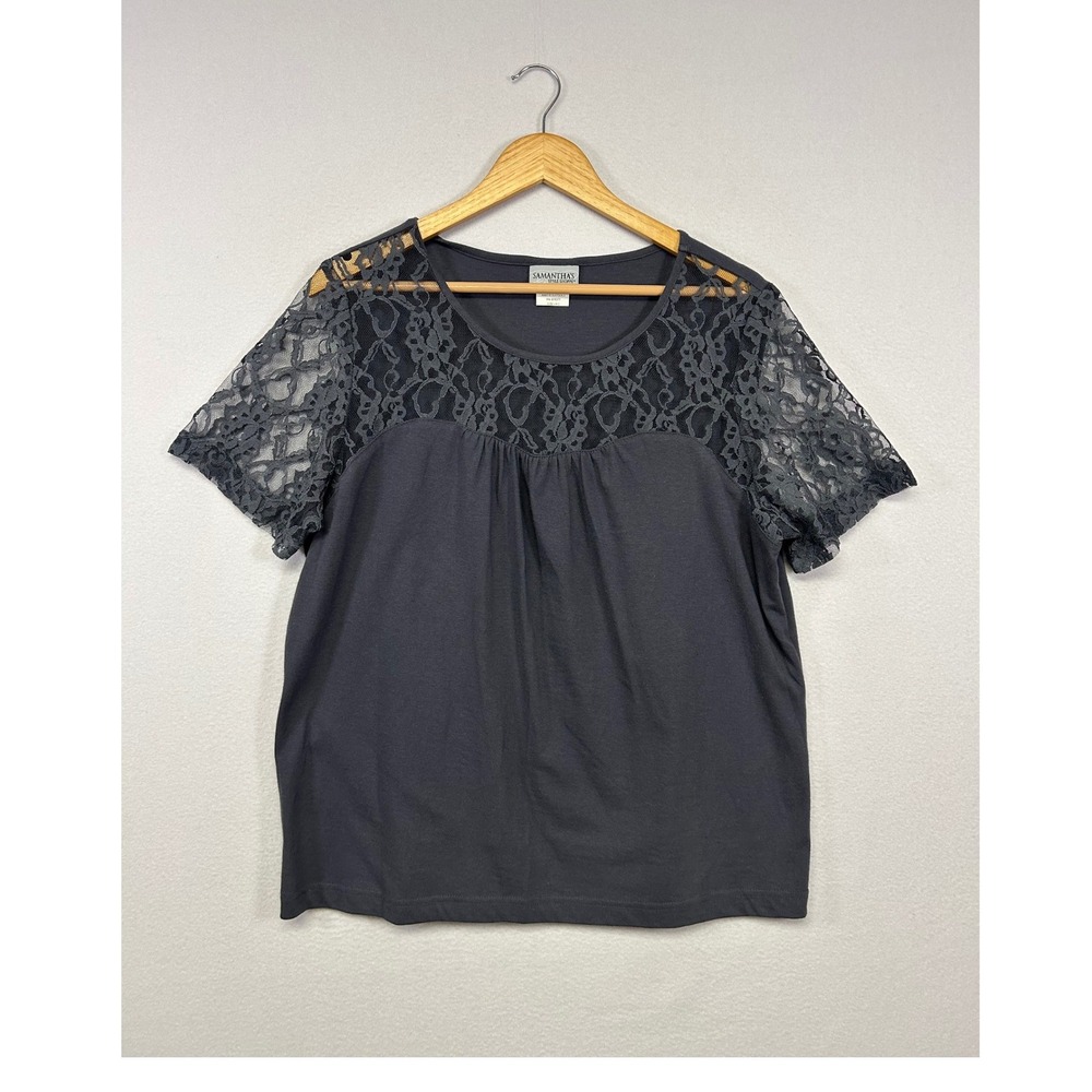 Romantic Samantha's Style Shoppe Womens Large Gray Lace Yoke Short Sleeve Top